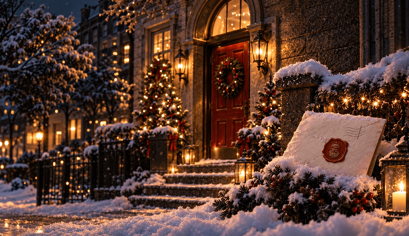 A snow-dusted townhouse at Christmas with a sealed letter waiting by the steps.